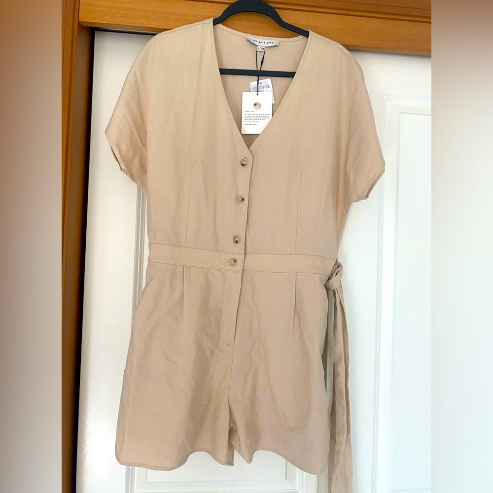 Neutral Beige Short-Sleeve Romper with Tie Waist